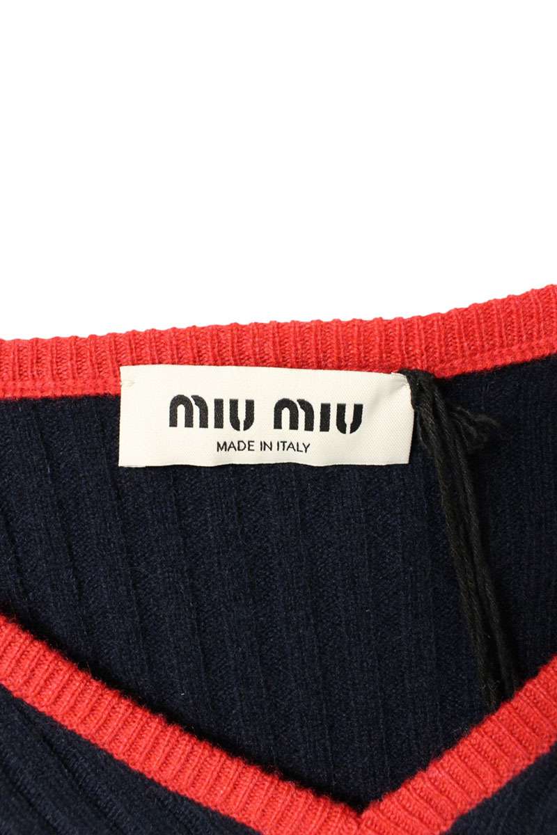miumiu Logo Embroidered Cashmere V-Neck Knit Navy Size XS