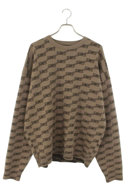 Balenciaga BB Logo All-Over Print Knit Sweater Brown Size L