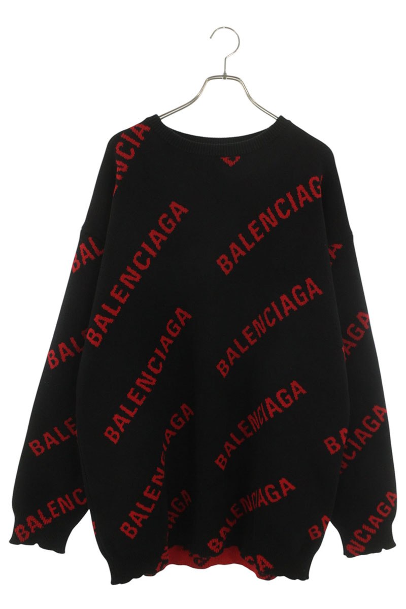 Balenciaga Logo All-Over Print Knit Sweater Black x Red Size L