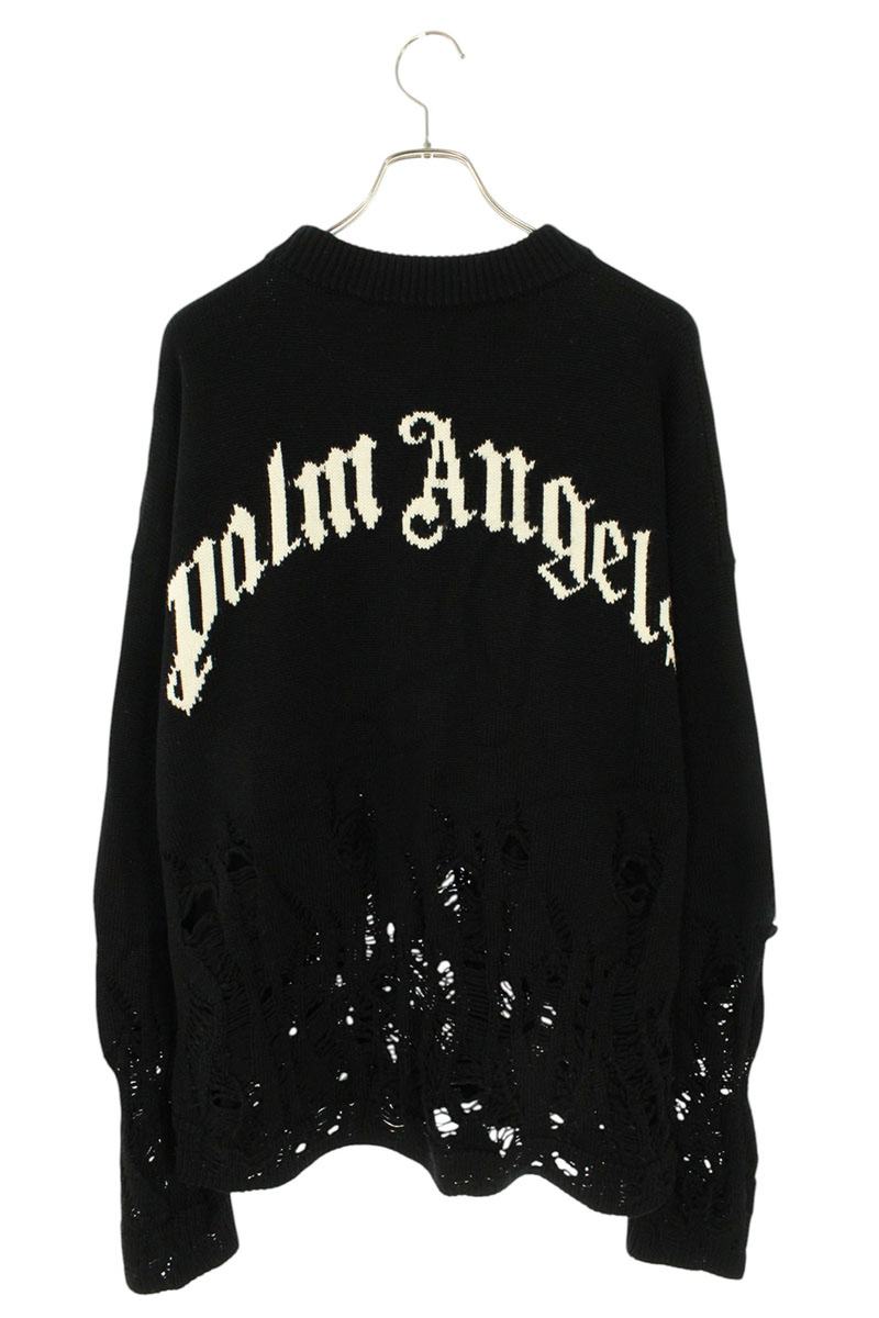 Palm Angels Logo Distressed Knit Sweater Black Size XL