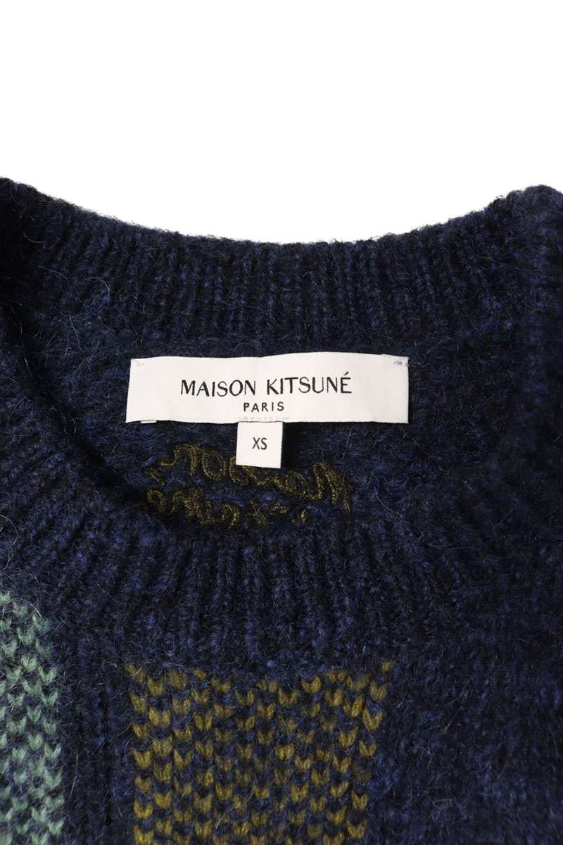 Maison Kitsune All-Over Plaid Knit Sweater Blue Size XS