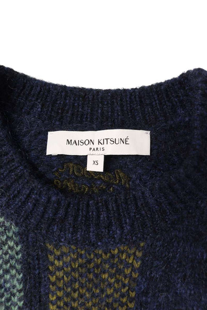 Maison Kitsune All-Over Plaid Knit Sweater Blue Size XS