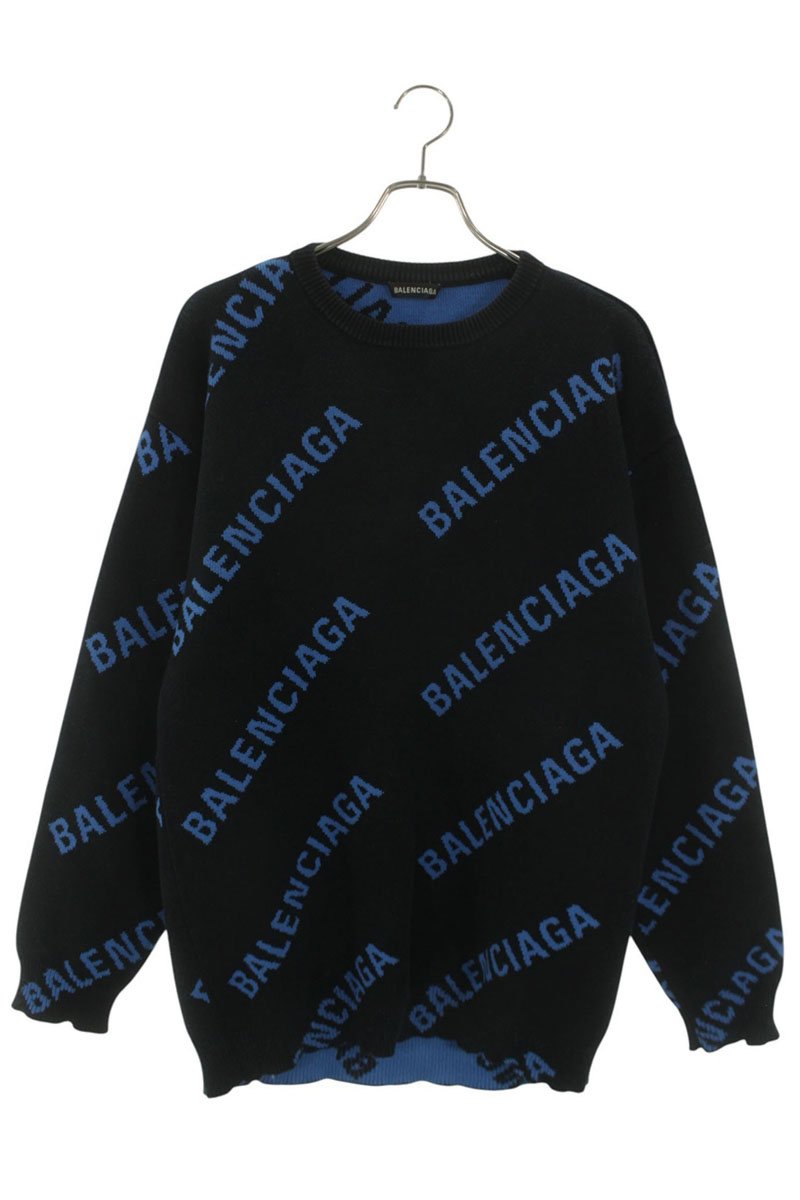 Balenciaga Logo Oversized Knit Sweater Black x Blue Size XS