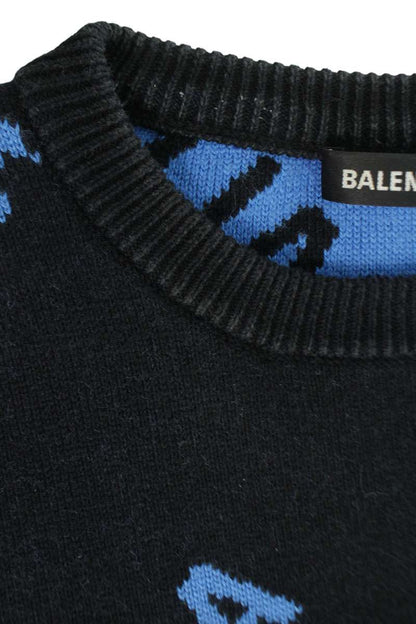 Balenciaga Logo Oversized Knit Sweater Black x Blue Size XS