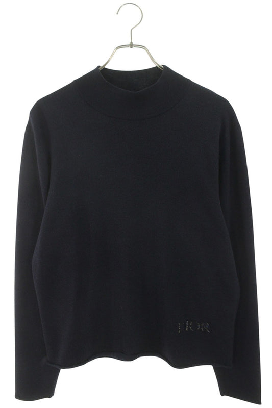 DIOR Logo Embroidered Mockneck Wool Silk Knit Navy Size M