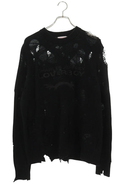 CHARLES JEFFREY LOVERBOY Distressed Logo Knit Black Size S
