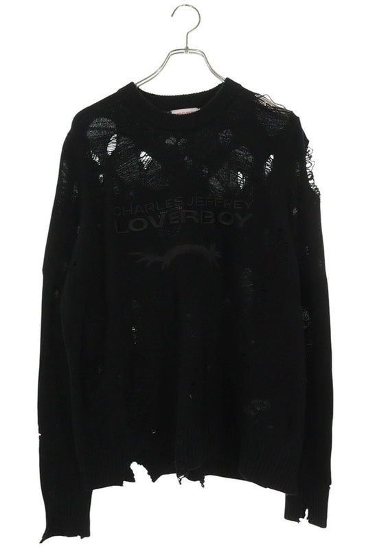 CHARLES JEFFREY LOVERBOY Distressed Logo Knit Black Size S