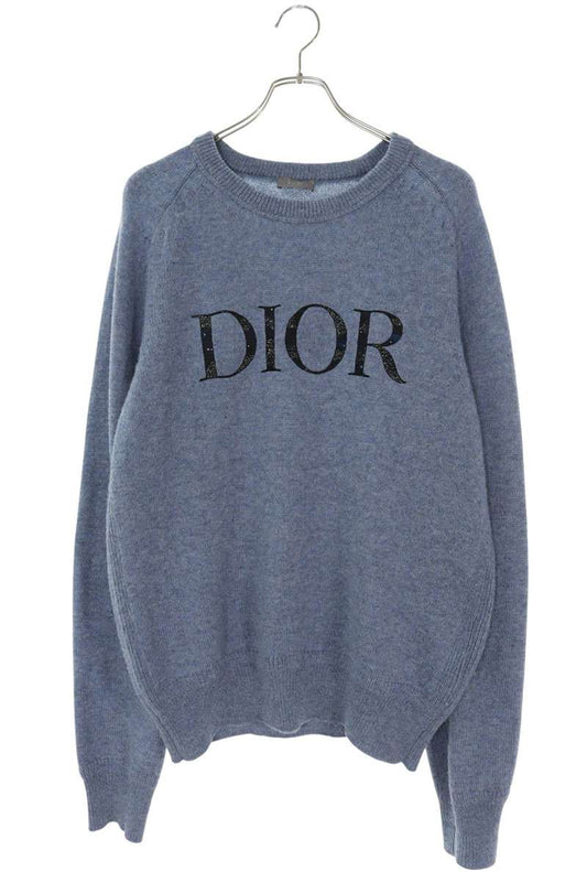 DIOR 21AW Wool Logo Embroidered Crew Neck Knit Blue Size XXL