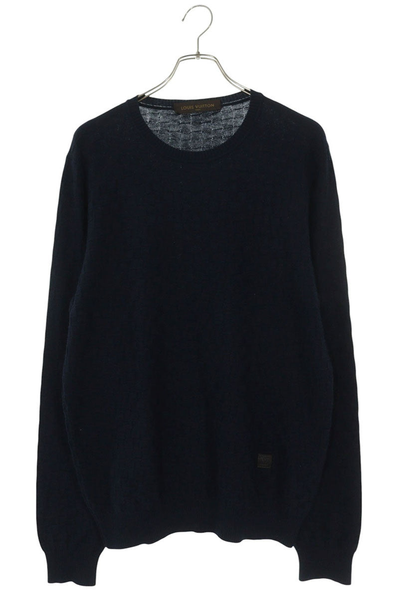 LOUISVUITTON Damier Crewneck Wool Knit Blue Size M