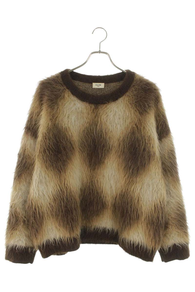 CELINE Cropped Boxy Argyle Mohair Knit Brown Size S