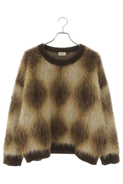 CELINE Cropped Boxy Argyle Mohair Knit Brown Size S