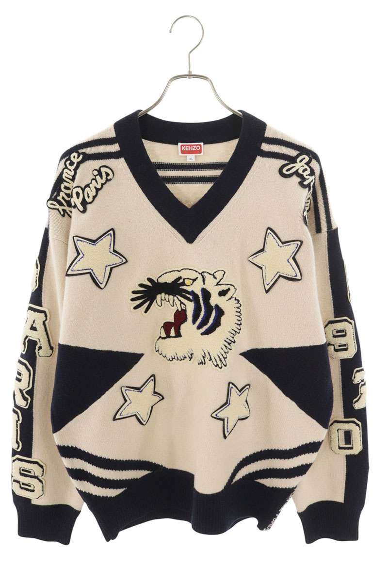 KENZO Patch Applique V-Neck Wool Knit Off White Navy Size XL