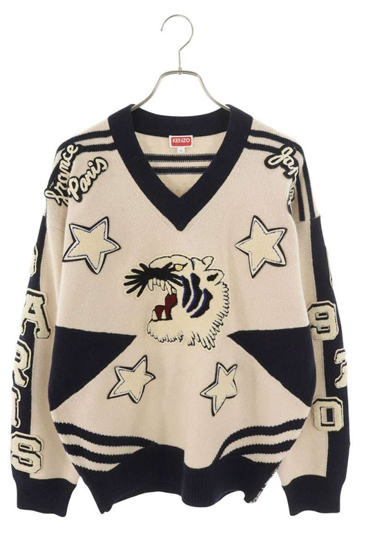 KENZO Patch Applique V-Neck Wool Knit Off White Navy Size XL