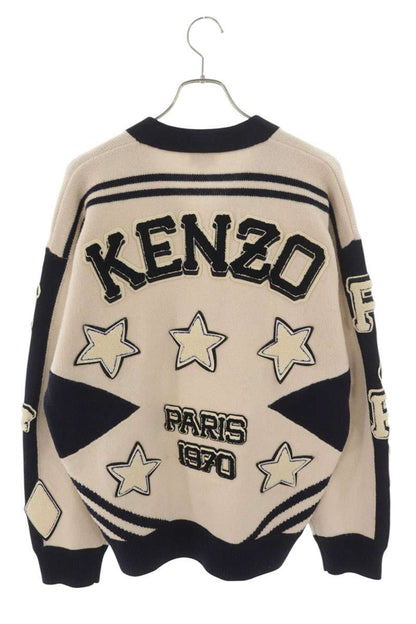 KENZO Patch Applique V-Neck Wool Knit Off White Navy Size XL