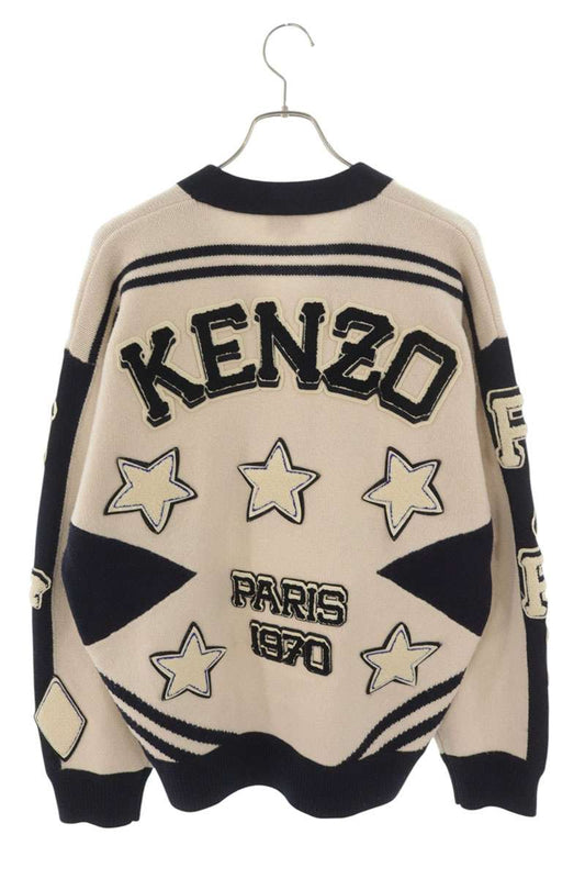 KENZO Patch Applique V-Neck Wool Knit Off White Navy Size XL