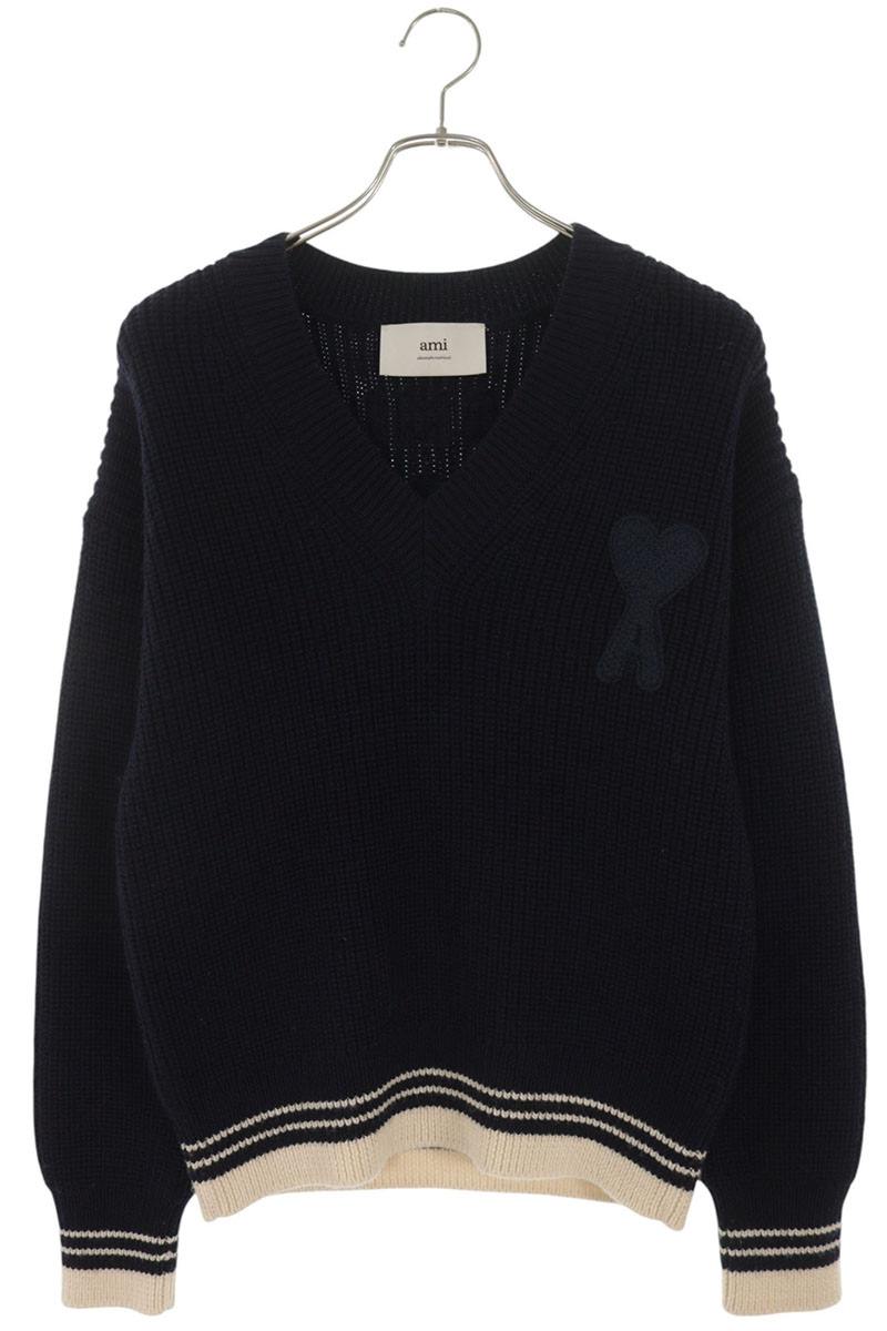 AMI Heart A Embroidered Wool V-Neck Knit Multi Size XS