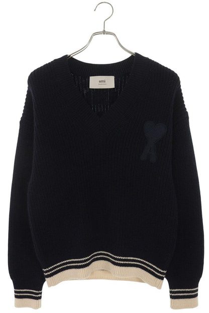 AMI Heart A Embroidered Wool V-Neck Knit Multi Size XS