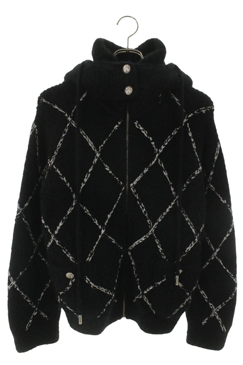 CHANEL Matelassé Cashmere Zip Knit Hood Black Size 38
