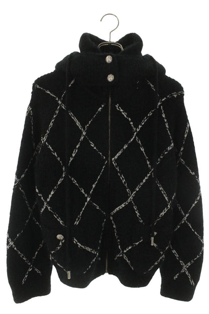 CHANEL Matelassé Cashmere Zip Knit Hood Black Size 38