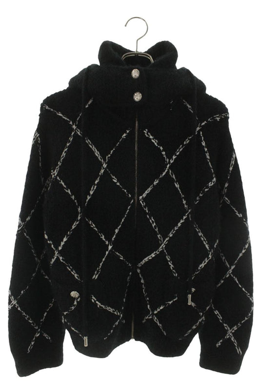 CHANEL Matelassé Cashmere Zip Knit Hood Black Size 38