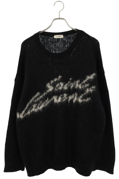 SAINT LAURENT PARIS Front Logo Mohair Knit Black Size XL