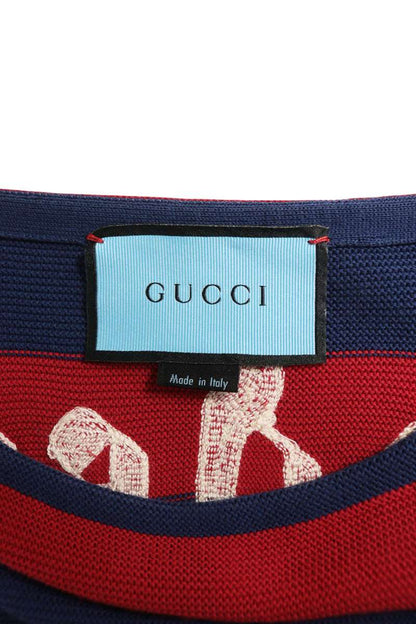 GUCCI Embroidered Border Cotton Knit Red/Blue Size M