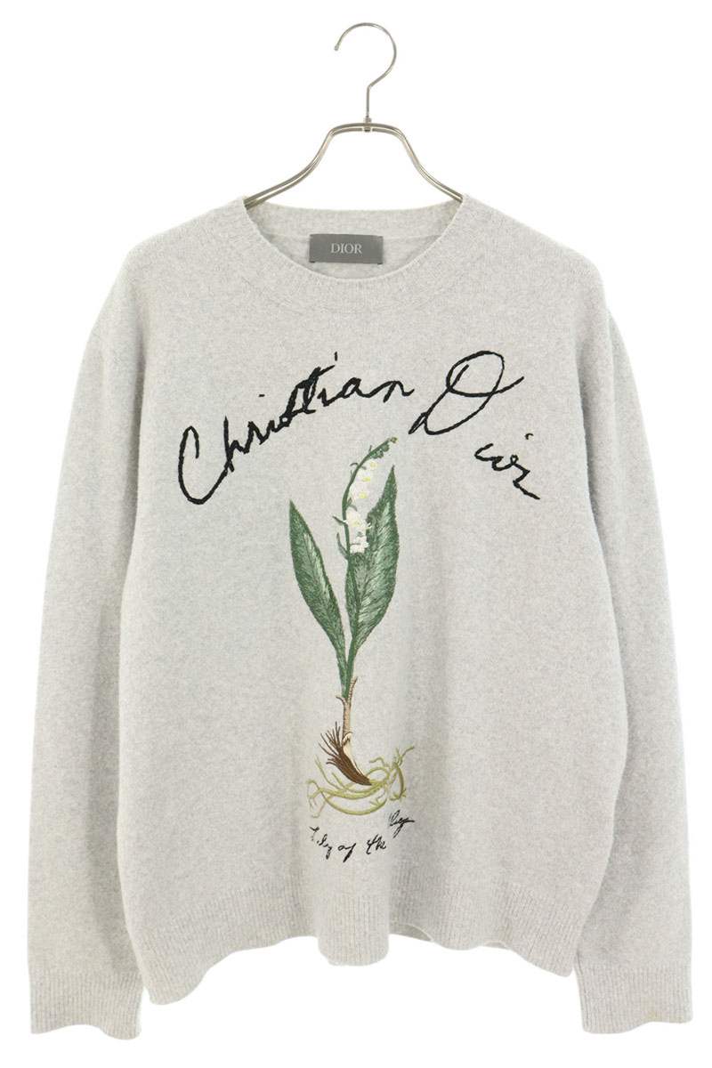DIOR Lily of the Valley Embroidered Cotton Knit Gray Size XL
