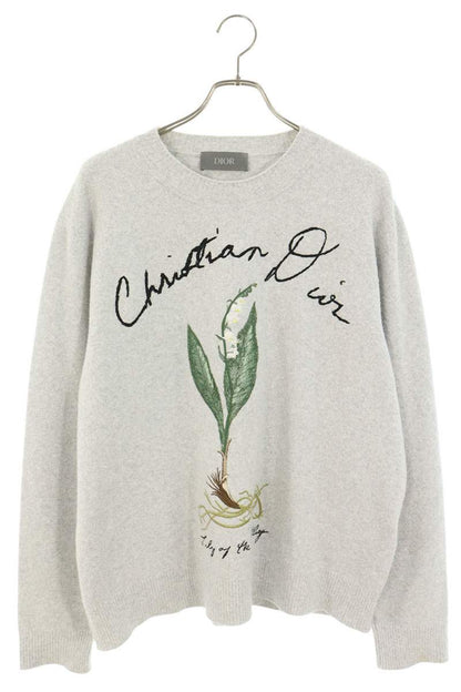 DIOR Lily of the Valley Embroidered Cotton Knit Gray Size XL