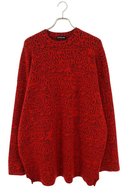 BALENCIAGA Red Black All-Over Logo Wool Sweater Size XS