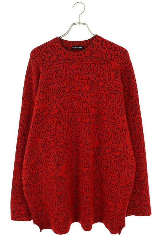 BALENCIAGA Red Black All-Over Logo Wool Sweater Size XS