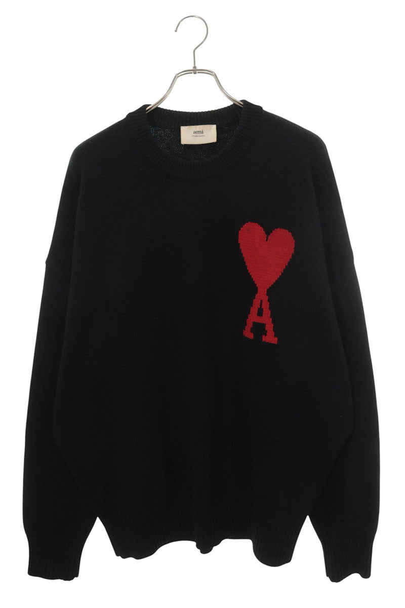 AMI Alexandre Mattiussi Black Red Heart Wool Sweater Size L