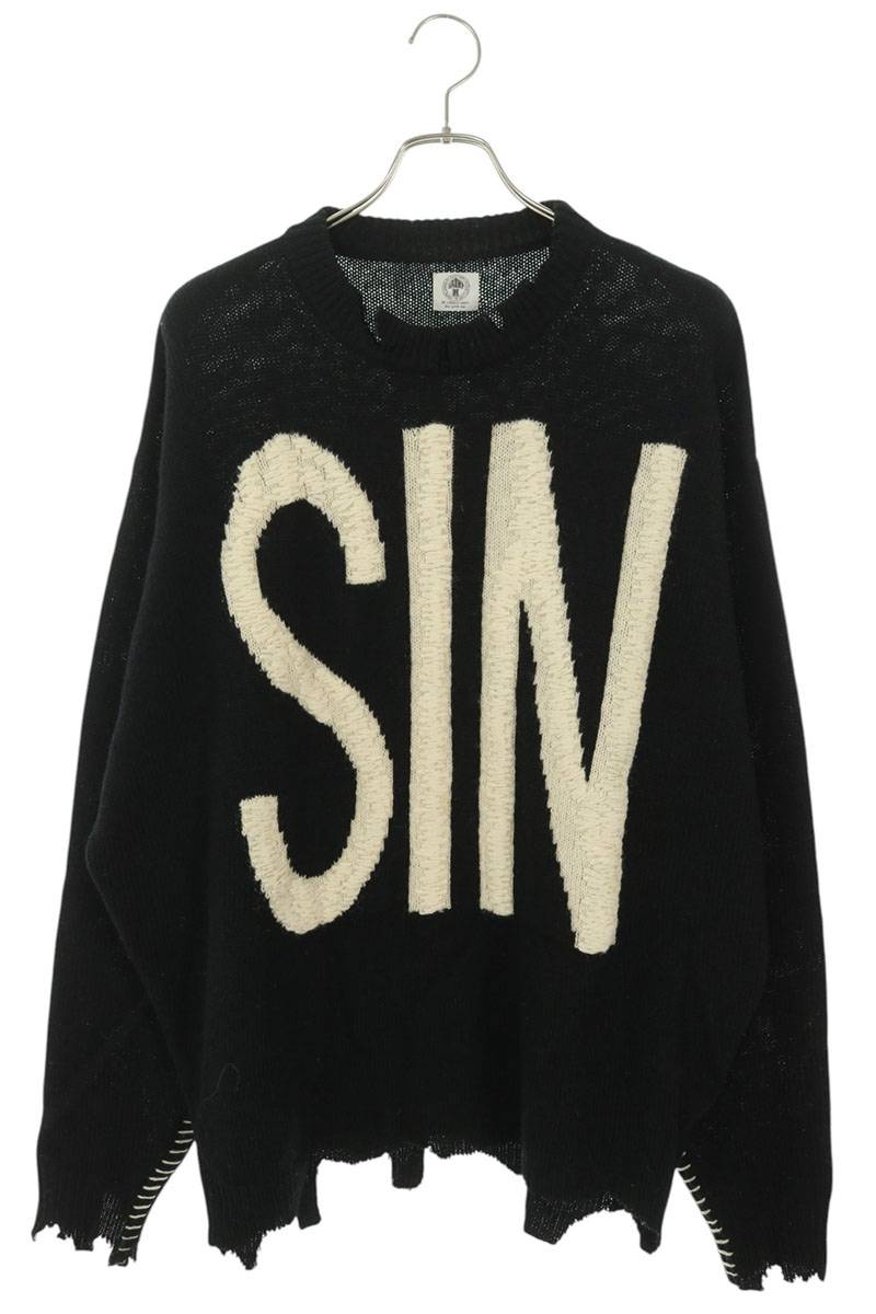 SAINT MICHAEL 21AW Distressed Logo Knit Black White Size M