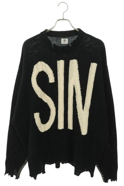 SAINT MICHAEL 21AW Distressed Logo Knit Black White Size M