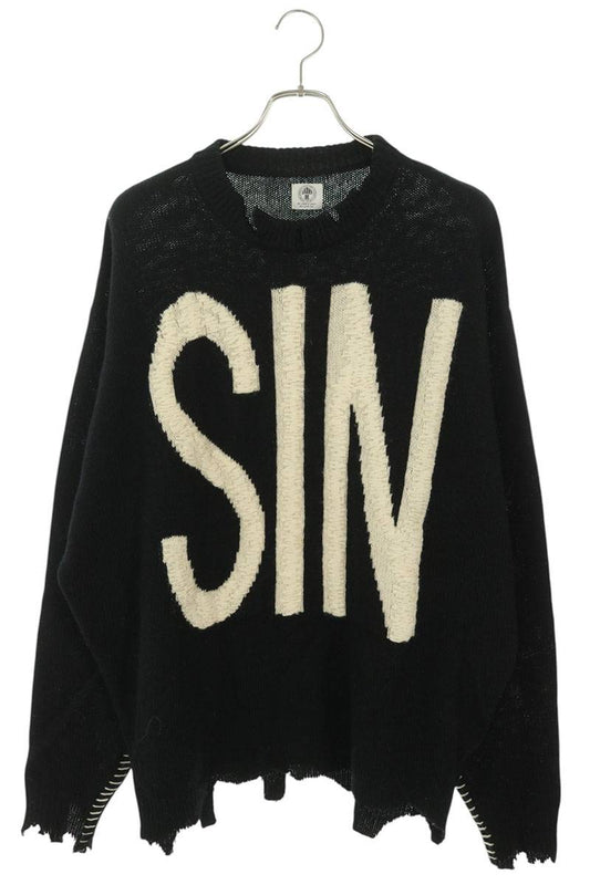 SAINT MICHAEL 21AW Distressed Logo Knit Black White Size M