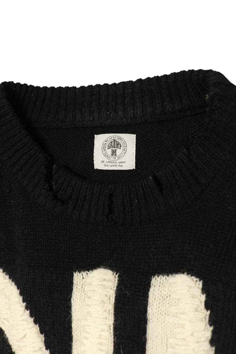 SAINT MICHAEL 21AW Distressed Logo Knit Black White Size M