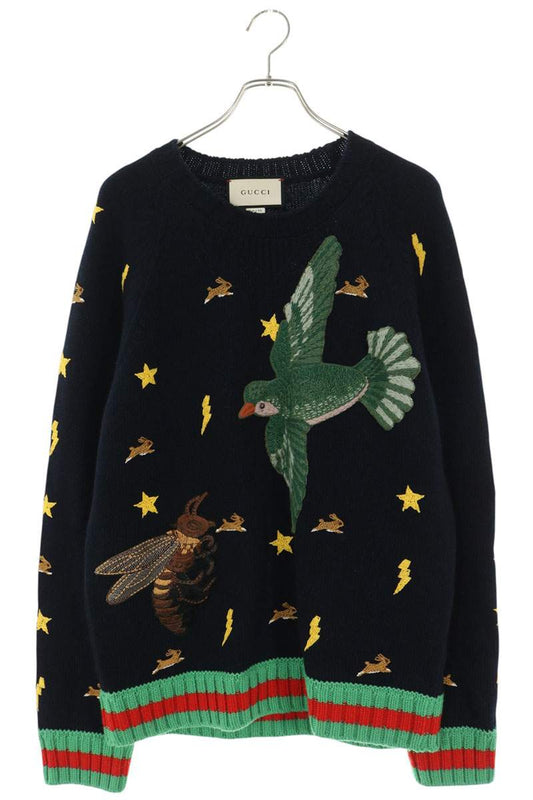 GUCCI Bird Embroidery Wool Knit Sweater Navy Size XL
