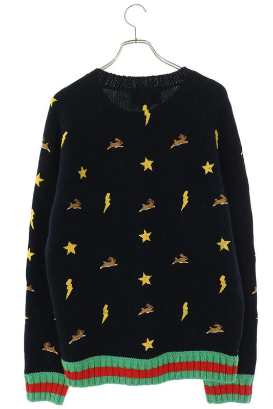 GUCCI Bird Embroidery Wool Knit Sweater Navy Size XL
