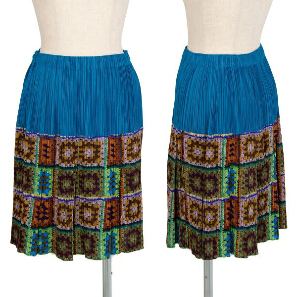 PLEATS PLEASE Lace Knit Print Pleated Blue Multi Skirt Size F