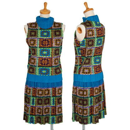 PLEATS PLEASE Lace Knit Print Pleated Blue Multi Skirt Size F