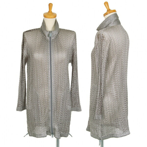 PLEATS PLEASE Shiny Mesh Zip Long Jacket Silver Size 3
