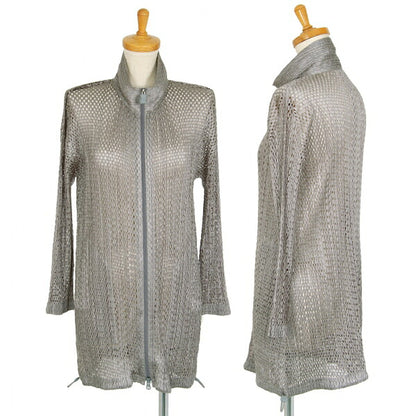 PLEATS PLEASE Shiny Mesh Zip Long Jacket Silver Size 3