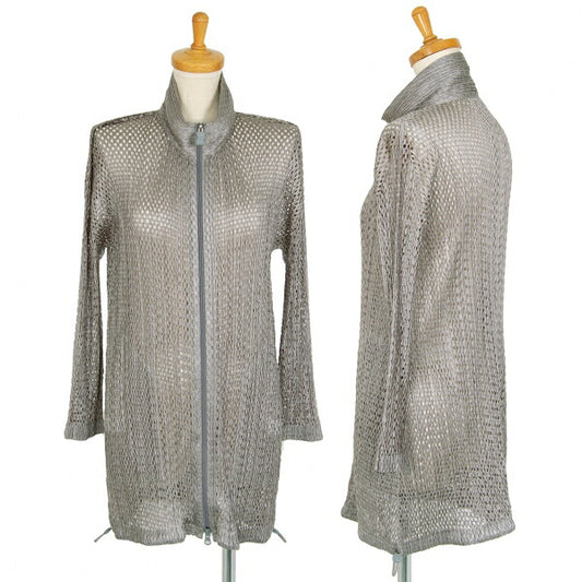 PLEATS PLEASE Shiny Mesh Zip Long Jacket Silver Size 3