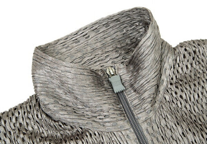 PLEATS PLEASE Shiny Mesh Zip Long Jacket Silver Size 3