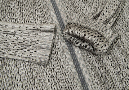 PLEATS PLEASE Shiny Mesh Zip Long Jacket Silver Size 3