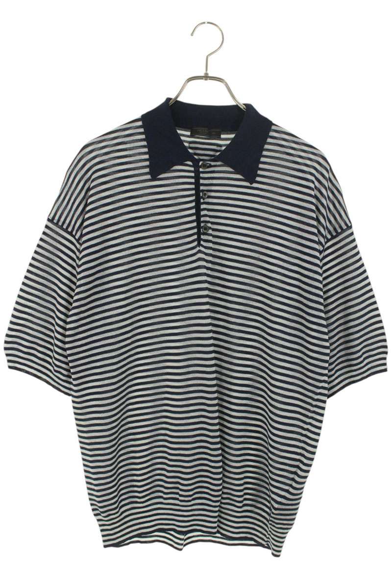PRADA Silk Stripe S/S Polo Navy Gray Size M