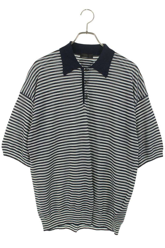PRADA Silk Stripe S/S Polo Navy Gray Size M