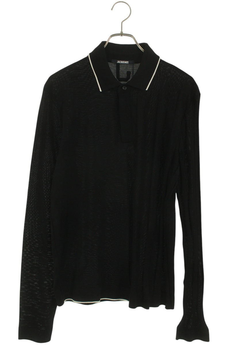 JACQUEMUS Stripe Cotton Polo Long Sleeve Top Black Size XL