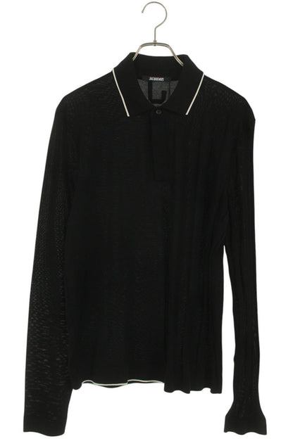 JACQUEMUS Stripe Cotton Polo Long Sleeve Top Black Size XL