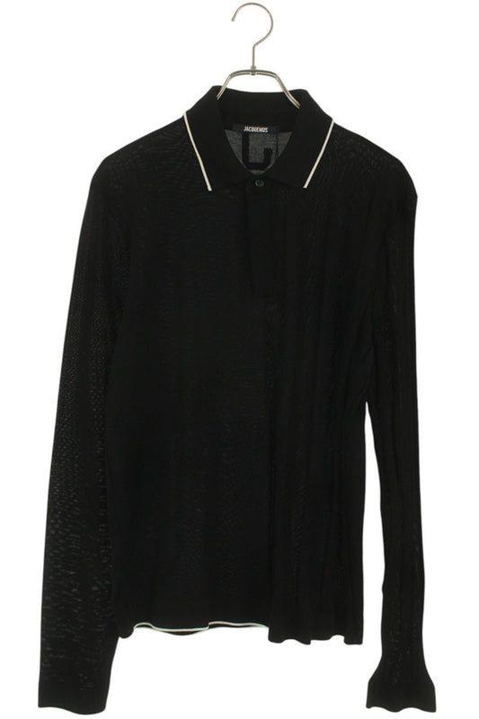 JACQUEMUS Stripe Cotton Polo Long Sleeve Top Black Size XL