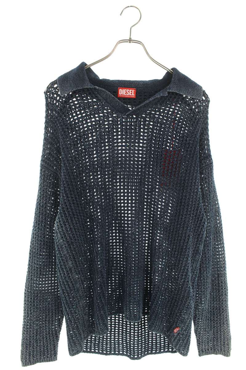 DIESEL Distressed Polo Neck Long Sleeve Top Blue Size L